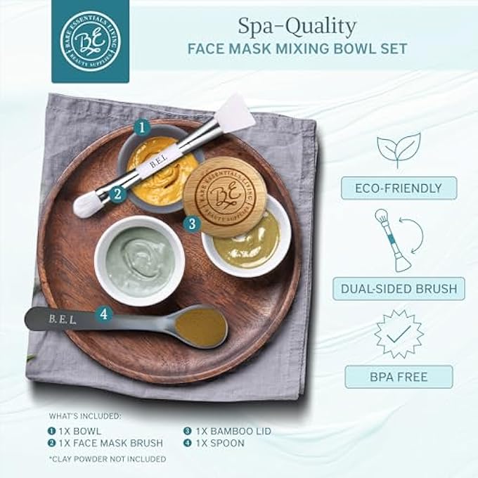 Bare Essentials Living CLAY FACE MASK MIXING BOWL SET- KIT WITH BAMBOO LID, SPOON, DUAL SIDED FACE MASK BRUSH APPLICATOR SOFT SILICONE SPATULA AND FACE MASK BRUSH FOR DIY CLAY MUD MASK, FACIALS, BODY AND HAIR (WHITE) - Image 2